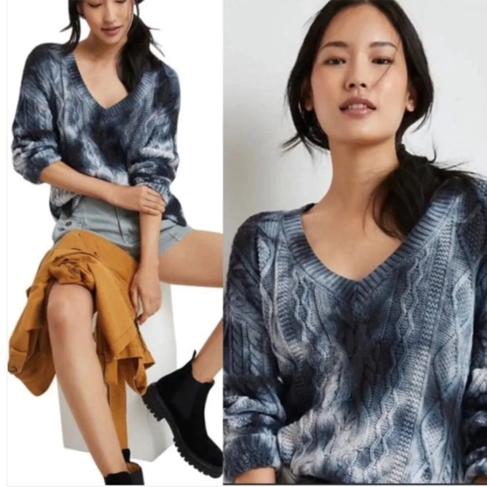 Pilcro Anthropologie Blue Tie Dyed Cable Knit V Neck Sweater Cotton Size Small